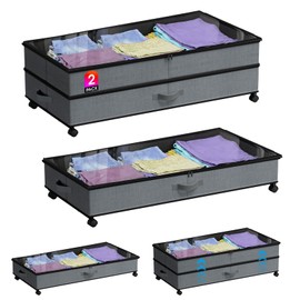 78L XXL Underbed Storage with Wheels, 2-Pack Larger Rolling Under Bed Storage Containers with Clear Window & Labels, 11" Adjustable Height Under Bed Drawers with Wheels for Clothes, Shoes, Toys(Grey)