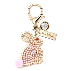 MONNEL MC404 Crystal Bunny Rabbit Lobster Clasp Charm for Women with Velvet Bag (White Pink,1 Piece)
