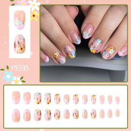 Almond Press on Nails Short Fake Nails French False Nails Pink Artificial Nails with Floral Designs Cute Summer Nails Stick on Nails for Women 24pcs