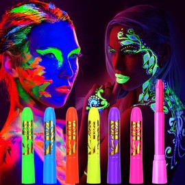 Pintura De Cara De Neón Brillante UV, 6 Colores Pintura Corporal Ceras Pintura De Cara De Neón Brillante, Lavable No Tóxico Neon Pintura Facial y Corporal, Para Halloween, Mardi Gras, Fiesta De Disfraces