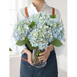 JINWOE Light Blue Hydrangea Artificial Flowers,4Pcs 20" Real Touch Lifelike Silk Artificial Hydrangeas, Full Fake Flowers for Bouquet Table Centerpieces Spring Wedding Indoor Home