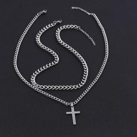 Layered Stainless Steel Cross Necklace For Men,Cuban Link Chain Cross Pendant, Religious Jewelry Gifts