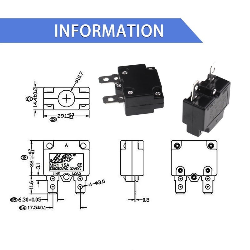 RKURCK 12 Amps Thermal Circuit Breakers 125/250VAC 32VDC Automatic Reset