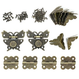 2 Sets Antique Wood Case Chest Box Hasp Latch Lock Retro Decorative Hinges and Box Corner Protectors with Screws Hardware Kit for Jewelry Box Decoration and Repair Wooden Small Box (Butterfly-Shape)