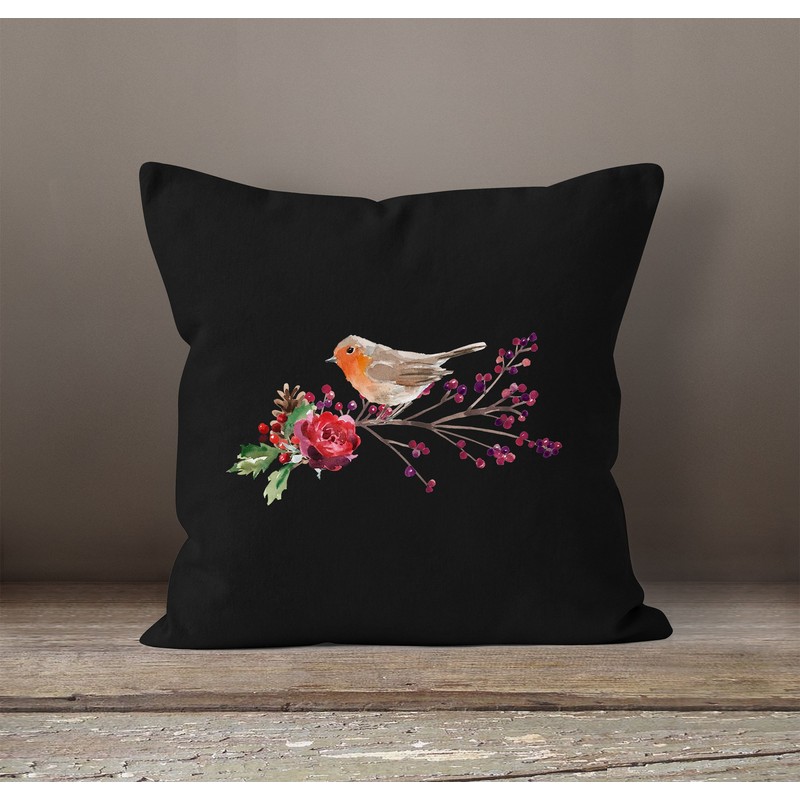 Autiga Cushion Cover Bird Robin Flowers Mistletoe Watercolour Bird Christmas