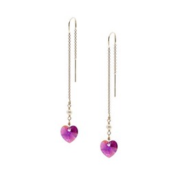 14 k Gold-Filled Threader Earrings made with Austrian Fuchsia Crystal Hearts and Genuine Cultured White Freshwater Pearls, 3.5 mm