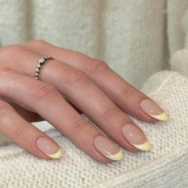 Short False Nails - Yellow Nude Almond Press on Nails - 24PCS French Tips False Nails with Glue - Glossy Full Cover Stick on Nails Removable Nail Art Gifts for Women Girls