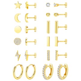 FASACCO 12Pairs Flat Back Earrings for Women Men Hypoallergenic 14K Gold Plated Stainless Steel Flatback Stud Small Huggie Hoop Earrings 20G Tiny Gold Stud Earring Sets for Multiple PIercing Gold