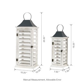 Glitzhome Farmhouse Wood Metal Candle Lanterns Tall Vintage Decorative Candle Holders Set of 2 Shutter Style Distressed Floor Lanterns Rustic Outdoor Lantern for Wedding Garden, Wash White, No Glass