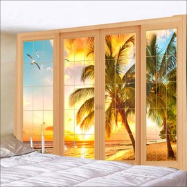 FENDROM Ocean Beach Tapestry Tropical Island Palm Tree Sunrise Seaside Rustic Window View Wall Hanging Seascape Tapestries for Bedroom Living Room Dorm