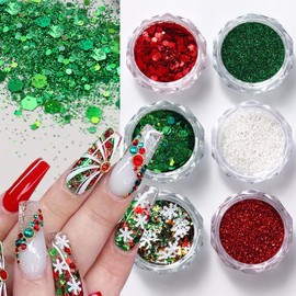 Christmas Nail Art Glitter Sequins 3D Holographic Winter Snowflake Nail Art Glitter Flakes Red White Green Glitter Designs Xmas Nail Decorations with Cuticle Pusher for Acrylic Nails Supplies 6 Grids