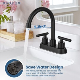 Airuida 2 Handle Faucet Centerset 4 Inch Bathroom Faucet Set Matte Black Two Hole Restroom Vanity Bathroom Sink Faucet with Swivel Spout, Pop Up Drain and 2 Water Supply Lines