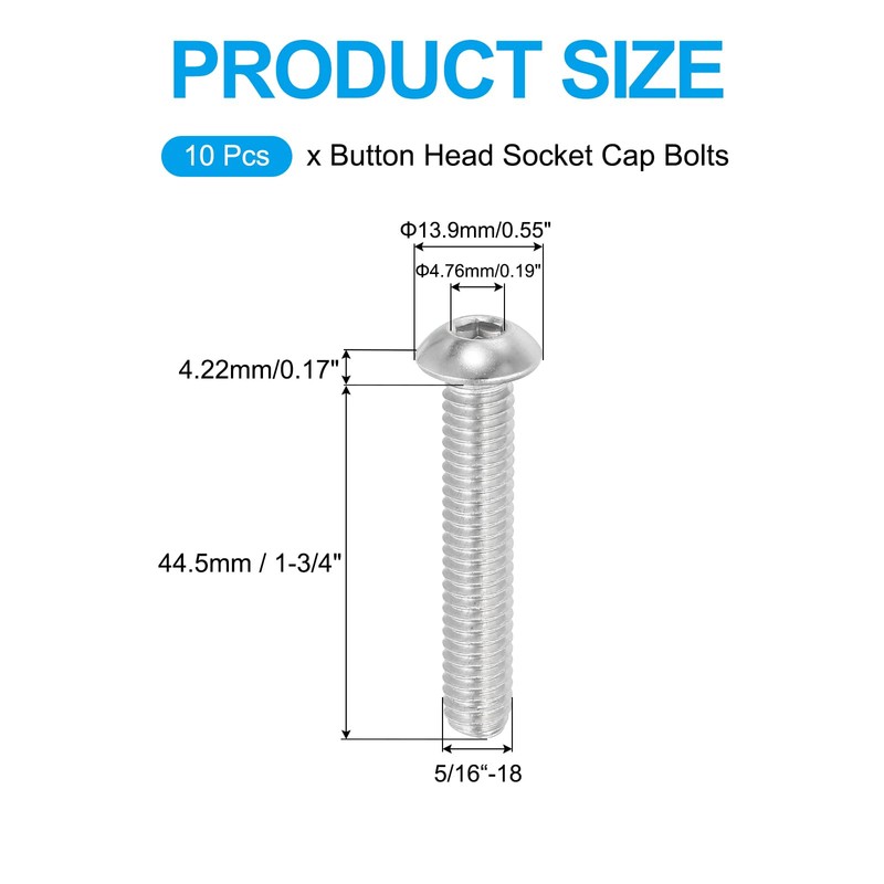 PATIKIL 5/16-18x1-3/4" Button Head Socket Cap Screws, 10 Pcs 304