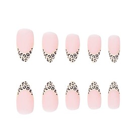 French Press On Uñas Almendra Leopardo Estampado Falso Uñas Medianas Diseño Acrílico Cubierta Completa Desnudas Uñas Falsas para Mujeres y Niñas 24Pcs
