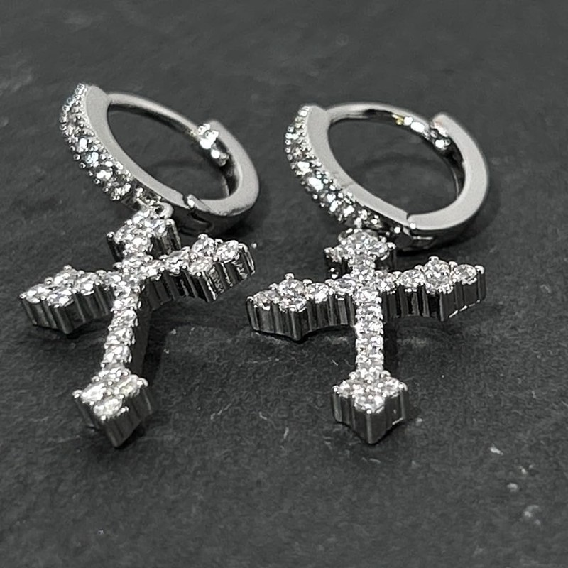 Generic Cross Earrings, Silver Dangle Hoop, Huggie, CZ Stones