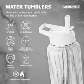 FAHRMOSIS 40 Oz Water Bottle with Strap Stainless Steel Sports Water Bottle with 3 Lids (Straw, Chug and Flip Lid) Insulated Leak Proof Metal Jug for Men & Women - White Marble