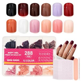 12 uñas postizas de colores sólidos, cortas y redondas, 12 tamaños, 288 piezas, cobertura total, con pestañas para uñas pequeñas y manos, fácil aplica