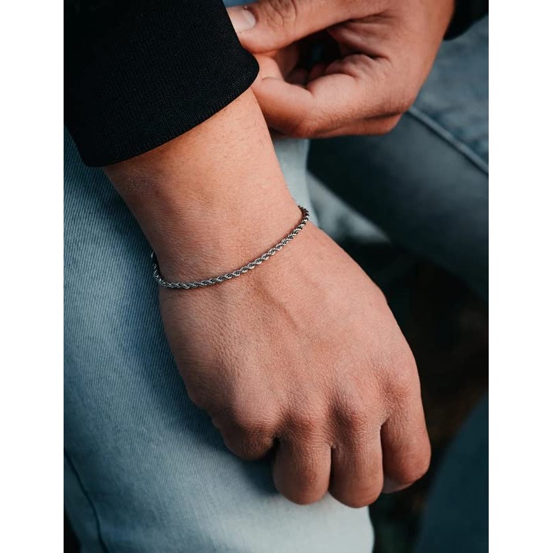 Waitsoul Silver Bracelet for Men 2mm Diamond-Cut Rope Chain Bracelet