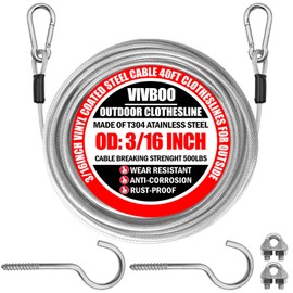 VIVBOO 40ft Clothes Line Outdoors 3/16" Wire Ropes Silver PVC Coating Laundry Drying Clothesline with Metal Hooks and Snap Heavy Duty for Umbrella Travel Outside Camping Backyard