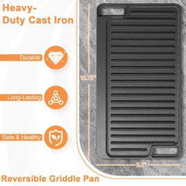PETKAO Cast Iron Reversible Griddle Pan for Gas Stove, BBQ Griddle Plate for Oven, Campfire, Preheated Grill Plate, Pre-Seasoned Flat Griddle for Outdoor & Indoor Cooking, Grill Flat Top 16.75" x 9.5"