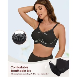 As Fairy No Underwire Sheer Mesh V-Neck Bra with Lace Soft Lift Support Comfort Bra for Women Wire-Free Everyday T-Shirt Bralette Black 36DD