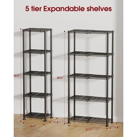 Sakugi Storage Shelves - 5-Tier Width Expandable Shelf Organizer with Leveling Feet, Rust-Proof & Waterproof Wire Shelving Unit for Bedroom, Bathroom, Garage, 16.4"-27"×11.8"×60", Black