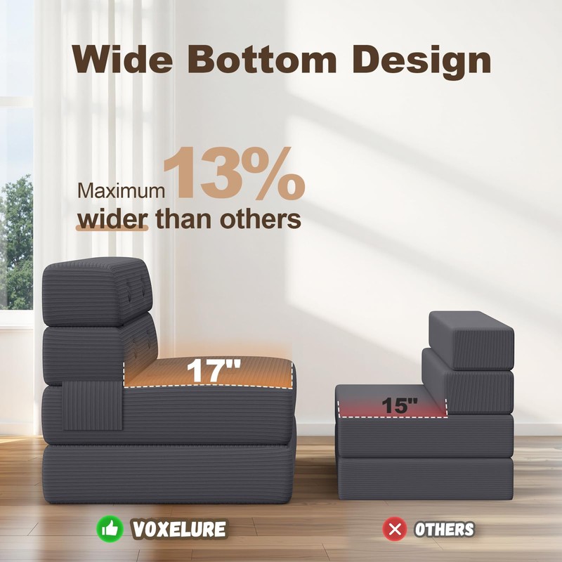 Folding Sofa Bed, One-Piece High-Density Foam Sleeper Chair, Grey, Single