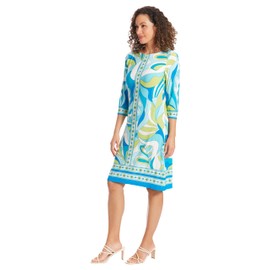 London Times Women's Dresses Women's Knee-Length Shift Dress - 3/4 Sleeves with Decorative Trim - Versatile Cocktail Dresses, Blue/Aqua, Large