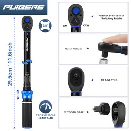 PUIBERS Torque Wrench 3/8 drive, 3/8 Inch Drive Click Torque Wrench Moto 5-50 FT.LB/6.8-67.8 Nm,Dual-Direction Adjustable 72 Tooth, Mechanic Wrenches Tools for Bike, Motorcycle and Car Repair
