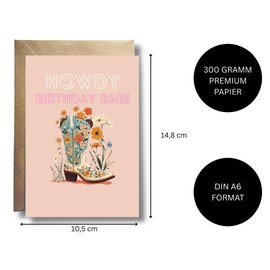WBdesignz Howdy Birthday Babe with Envelope - Birthday Card for Women in Cowgirl Look - Vintage Western Style with Flowers & Cowboy Boat - Birthday Retro Western (A6)