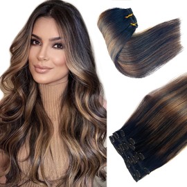 Ombre Clip in Hair Extensions Human Hair Natural Black to Light Brown Balayage Highlights Remy Hair Extensions Clip in Human Hair 22 Inch 7 Pieces Weft Hair Extensions Clip ins 70G for Women