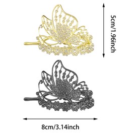 2PCS Butterfly Hair Barrettes for Women, Elegant Gold HairBun Claws Clip Metal Hair Clips with Rhinestone Bridesmaid Hair Styling Accessories for Wedding