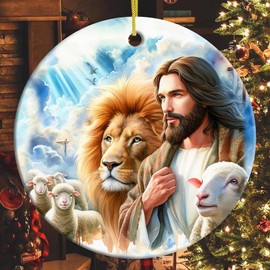 Sportyzen 2024 Christmas Ornament - Lion and Lamb Christian Jesus Ceramic Ornament, Christmas Keepsake Gifts, Gift for Family, Friends