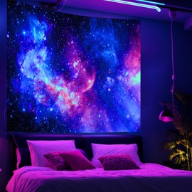 Blacklight Galaxy Tapestry for Bedroom Aesthetic Space Starry Sky Stars Universe Backdrop Black Light Poster Decor Wall Hanging Glow in the Dark Tapestry for Living Room Dorm Home Decoration(51"X60")
