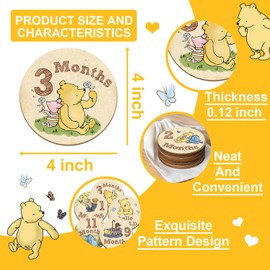 7 Pcs Winnie Baby Monthly Milestone Markers, Winnie Double Sided Winnie Baby Months Wooden Signs with Storage Bag, Winnie Baby Monthly Announcement Wooden Discs, Winnie Milestone Pictures of Newborn