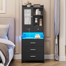 BTHFST Tall Nightstand with Charging Station, Black Bedside Table with Drawers & Glass Door, LED Night Stand with Bookshelf, End Table Side Table with Storage