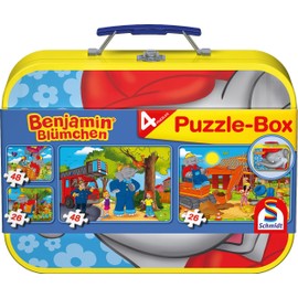 Schmidt Spiele 55594 Benjamin Blümchen, 4 Children's Jigsaw Puzzles in Metal Case, 2 x 26 and 2 x 48 Pieces