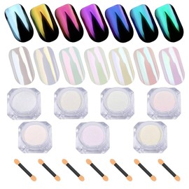Tnoctuh 7 Colors White Pearl Chrome Nail Powder, Aurora Metallic Nail Art Chrome Powder Set, Holographic Mirror Effect Rainbow Colorful