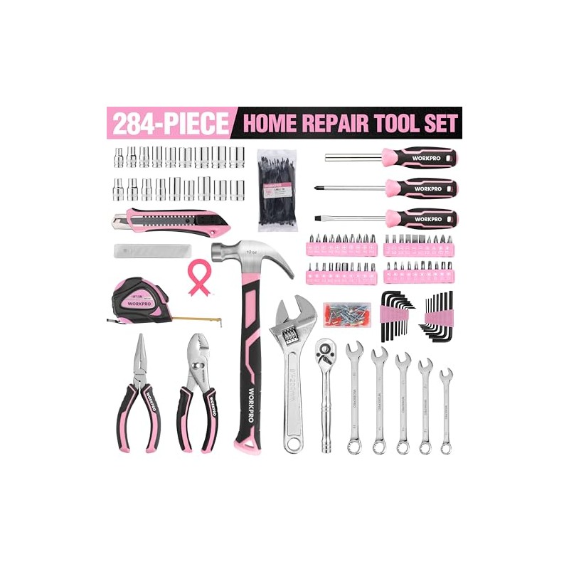 WORKPRO 284PCS Pink Tool Set, Portable Home Basic Tool Kit