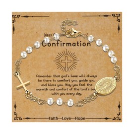 Flongo Catholic Rosary Bracelet for Women: Free Card "Confirmation" Religious Arm with Cross Pendant Black Gold Beads Virgin Mary Stainless Steel Prayer Faith Protection Virgin Mary, Acrylic Stainless