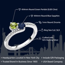 Gem Stone King 925 Sterling Silver Green Peridot and Blue Sapphire Bypass Ring For Women (0.89 Cttw, Gemstone August Birthstone, Round 4MM, Available In Size 5, 6, 7, 8, 9)