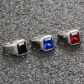 HIJONES Mens Stone Ring Stainless Steel Large Square Zirconia Vintage Statement Rings Red Gemstone Size Z+1