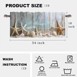 HDESDIS 1 Panel Beach Seashells Curtain Valance for Windows, Coastal Ocean Starfish Rod Pocket Short Window Treatment Decor Drapes for Kitchen, Bathroom, 54" X 18"