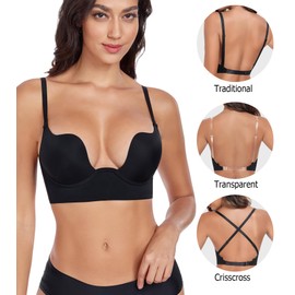 Curyon Women's Backless Deep Plunge Bra U Neckline Push Up Low Cut Supportive Underwire Bras Black 38D