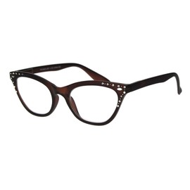 SA106 Womens Bling Rhinestone Plastic Cat Eye Horn Rim Powered Reading Glasses Brown 3.5