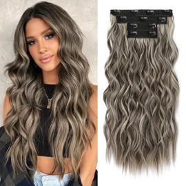 REECHO Hair Extensions, 4PCS Clip in Hair Extensions 24" Thick Long Beach Waves hair extensions HE003 Invisible Lace Weft Natural Soft Synthetic Hairpieces for Women – Ash Brown with Highlights