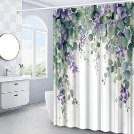 Purple Floral Shower Curtain Sage Green Eucalyptus Watercolor Plant Leaves Flower Bath Decor Polyester Fabric Curtains 70X70 Inch