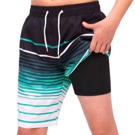MEILONGER Boys Swim Trunks Boys Swimming Shorts with Compression Liner Quick Dry Stretchy 2 in 1 Board Shorts Size 8,10-12,14-16,18-20 Years(Striped Black Blue White,14-16)