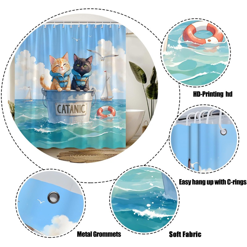 Funny Cats Shower Curtain,Catanic Animal Ocean Kittern Cute Blue Polyester