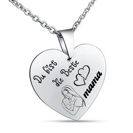 Hanessa Heart Necklace for the Best Mum, Gift for Mum, 50 cm Stainless Steel Chain with Laser Engraving with Jewellery Box, Stainless Steel